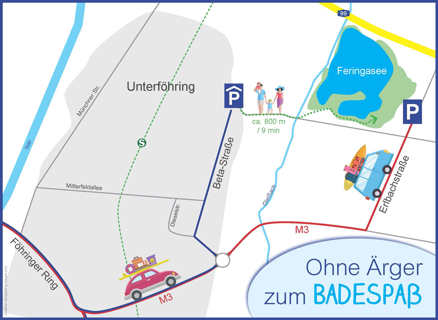 Landkarte mit Wegbeschreibung: Parken am Feringasee Landkarte mit Wegbeschreibung: Parken am Feringasee